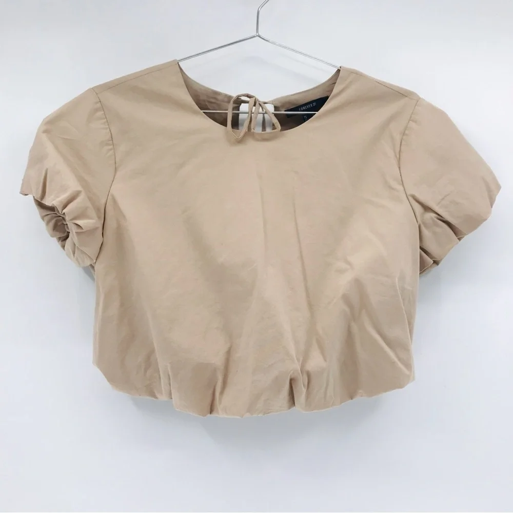 Forever21 Puff Sleeve Crop Blouse in Tan Size Medium - Picture 1 of 5
